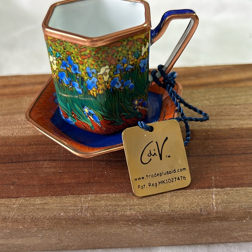 iris tea cup saucer hand painted enamel gold metal hang tag numbered edition